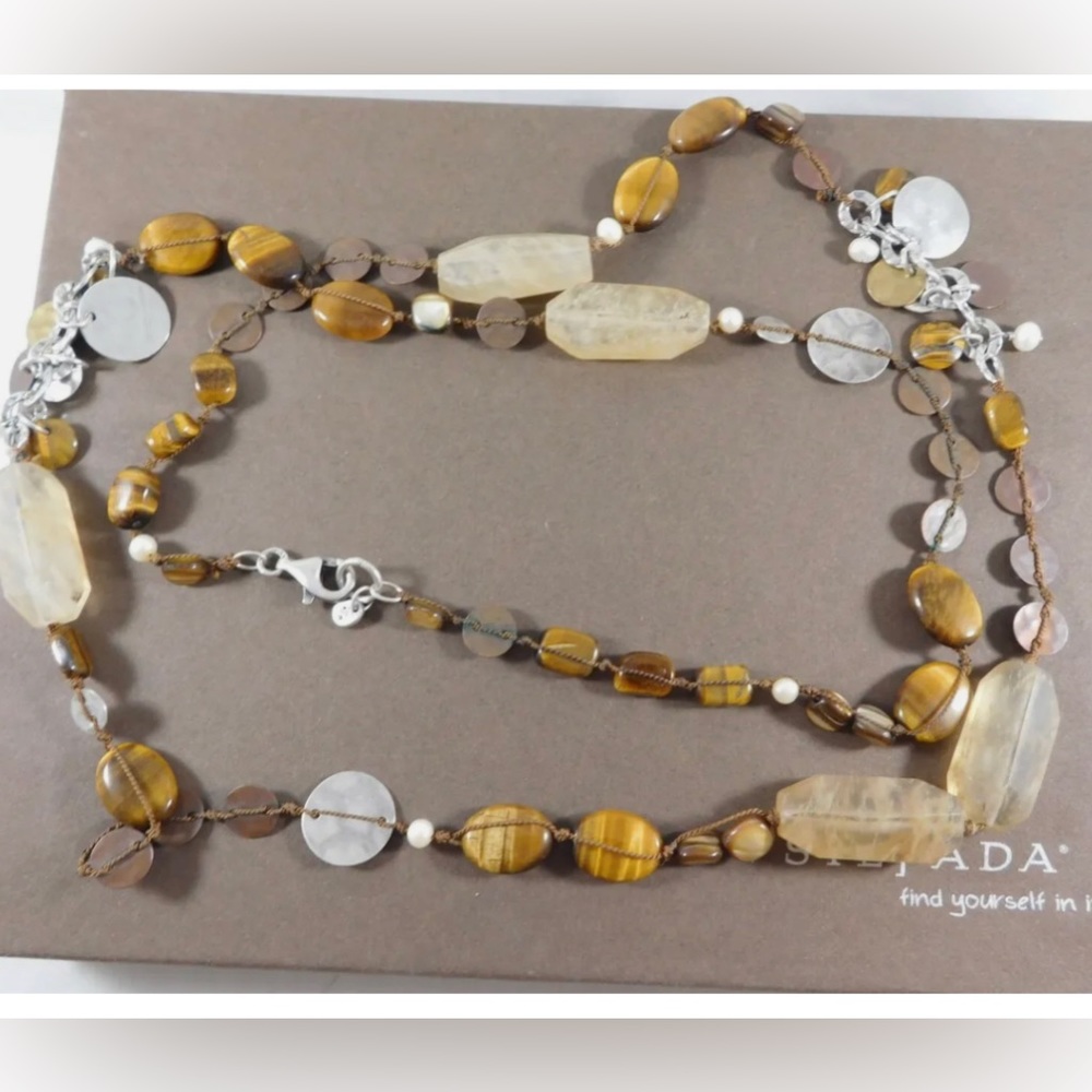 SILPADA 925 Sterling Silver Tigers Eye Quartz Copper Pearl Bead necklace long
